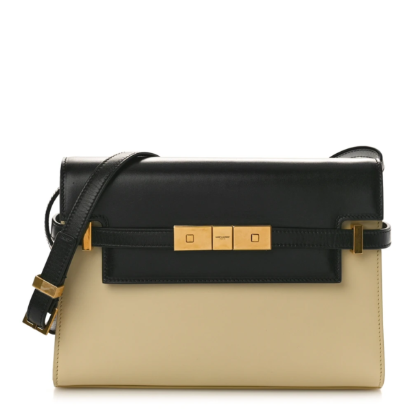 fake designer bags Saint Laurent Medium Smooth Calfskin Manhattan Shoulder Bag in Black Beige with Brass Hardware front