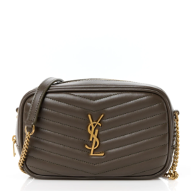 fake designer bags Saint Laurent Mini Calfskin Matelasse Monogram Lou Camera Bag in Light Musk with Gold Hardware front