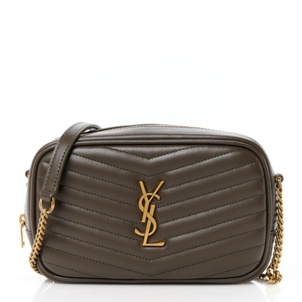 fake designer bags Saint Laurent Mini Calfskin Matelasse Monogram Lou Camera Bag in Light Musk with Gold Hardware front