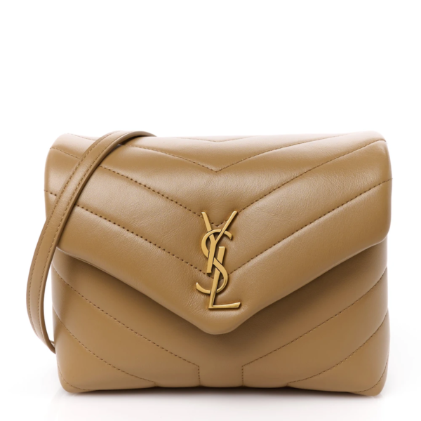 fake designer bags Saint Laurent Mini Calfskin Y Quilted Monogram Toy Loulou Crossbody Bag in Latte with Aged Gold Hardware front