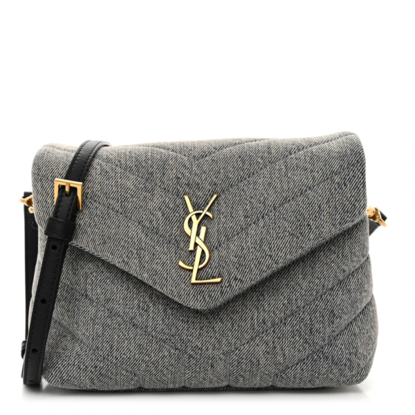 fake designer bags Saint Laurent Mini Denim Y Quilted Monogram Toy Loulou Crossbody Bag in Grey with Aged Gold Hardware front