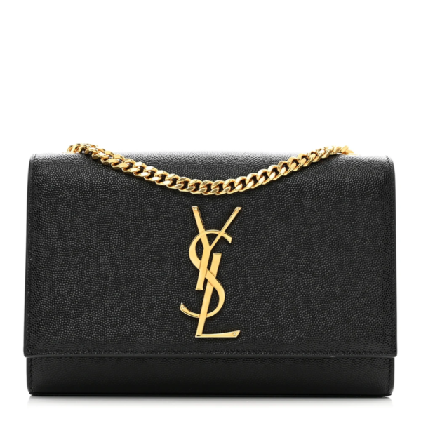 fake designer bags Saint Laurent Small Grain De Poudre Classic Monogram Kate Satchel in Black with Gold Hardware front