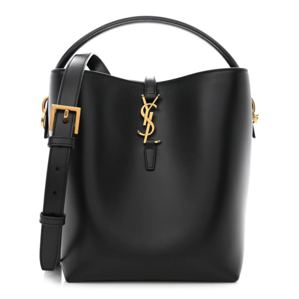 fake designer bags Saint Laurent Small Shiny Calfskin Le 37 Bucket Bag in Black with Gold Hardware front