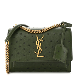 fake designer bags Saint Laurent Small Soft Ostrich Monogram Sunset in Vert Olive with Gold Hardware front